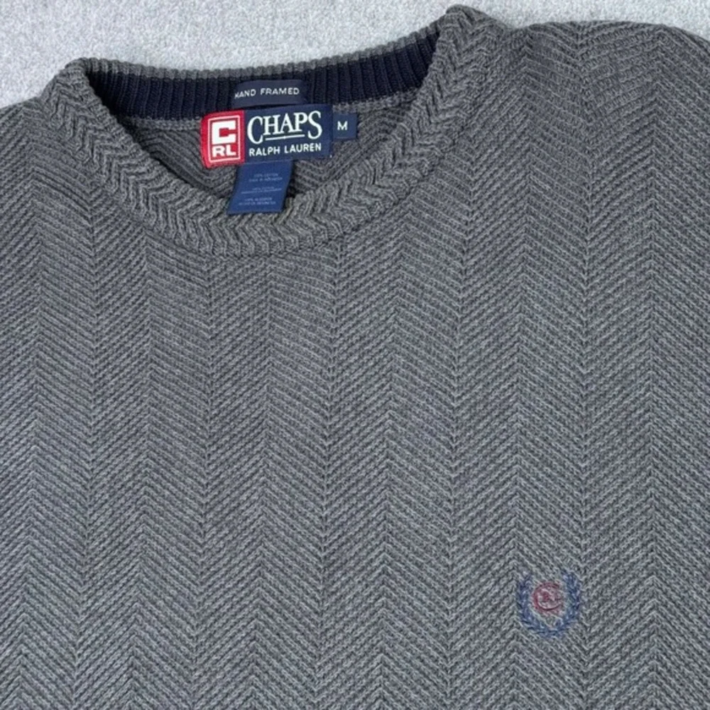 VTG‎ RL Chaps Crest Mens Medium Cable Knit Crew Neck Sweater Gray Fisherman
